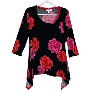 Chaus Black Red Pink Floral Blouse Scoop Neck SharkBite Hem Relaxed Fit Size L